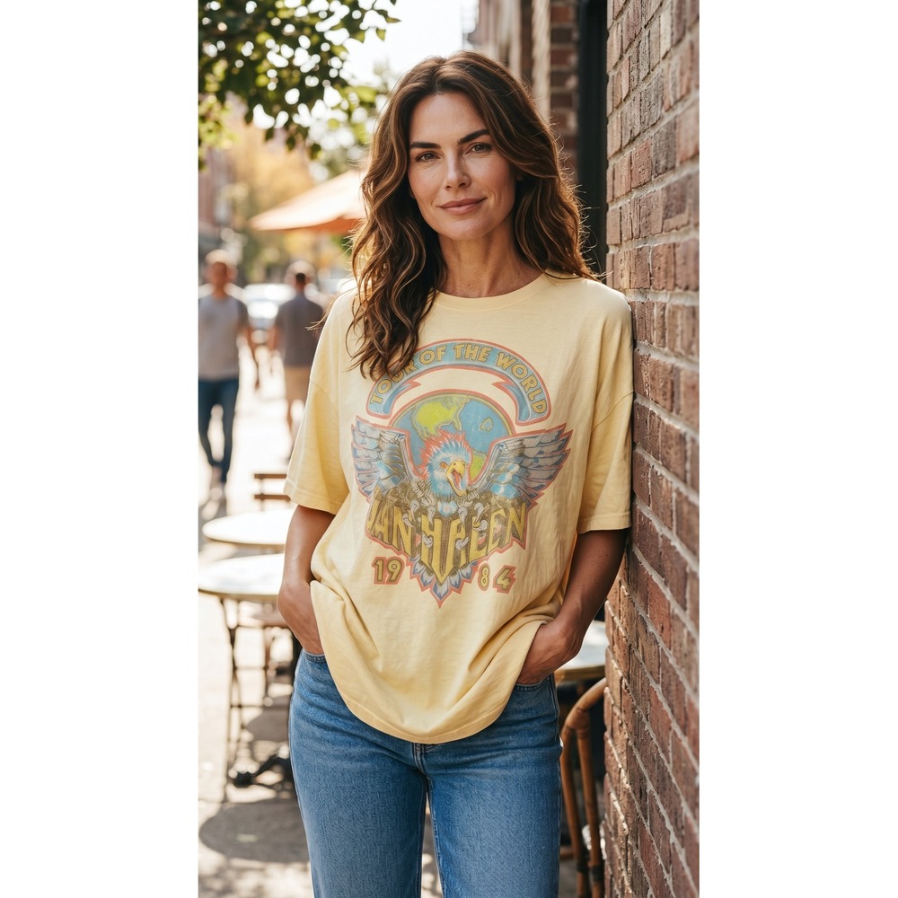 Van Halen Tour of the World 1984 Graphic T-Shirt Yellow L/XL Rock Band Tee